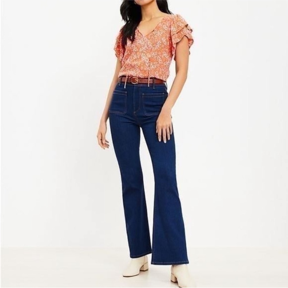LOFT Blue Wide Leg Jeans Patch Pocket Slim Flare Dark Wash Retro - Picture 3 of 12
